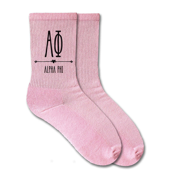 Alpha Phi sorority name custom printed on pink crew socks