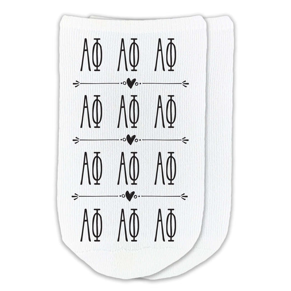 Alpha Phi sorority letters in repeat boho design custom printed on no show socks