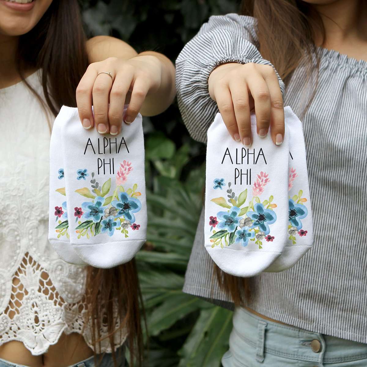 Alpha Phi sorority name with watercolor floral design custom printed on white cotton no show socks