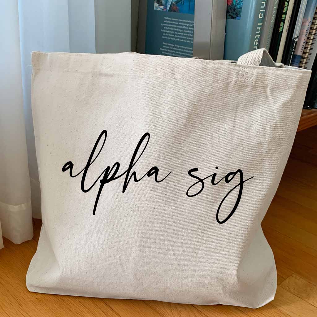 Alpha Sigma Alpha sorority nickname custom printed in script writing on canvas tote bag is a unique gift for all your sorority sisters.