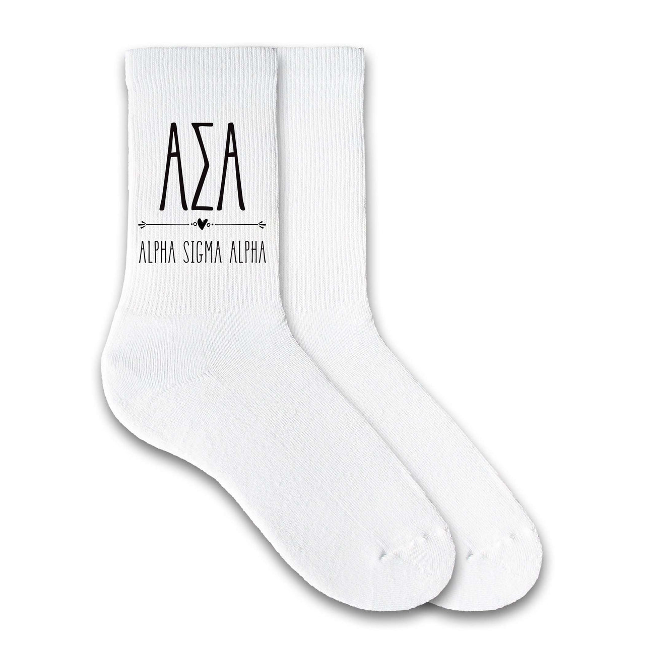 Alpha Sigma Alpha sorority letters and name custom printed on cotton crew socks