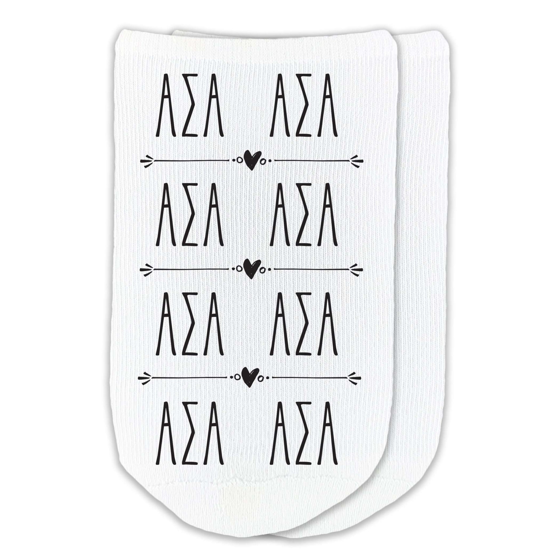 ASA sorority letters custom printed on white cotton no show socks