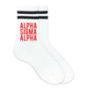 Alpha Sigma Alpha custom printed in sorority color on black striped crew socks