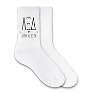 Alpha Xi Delta sorority name and letters custom printed on white cotton crew socks