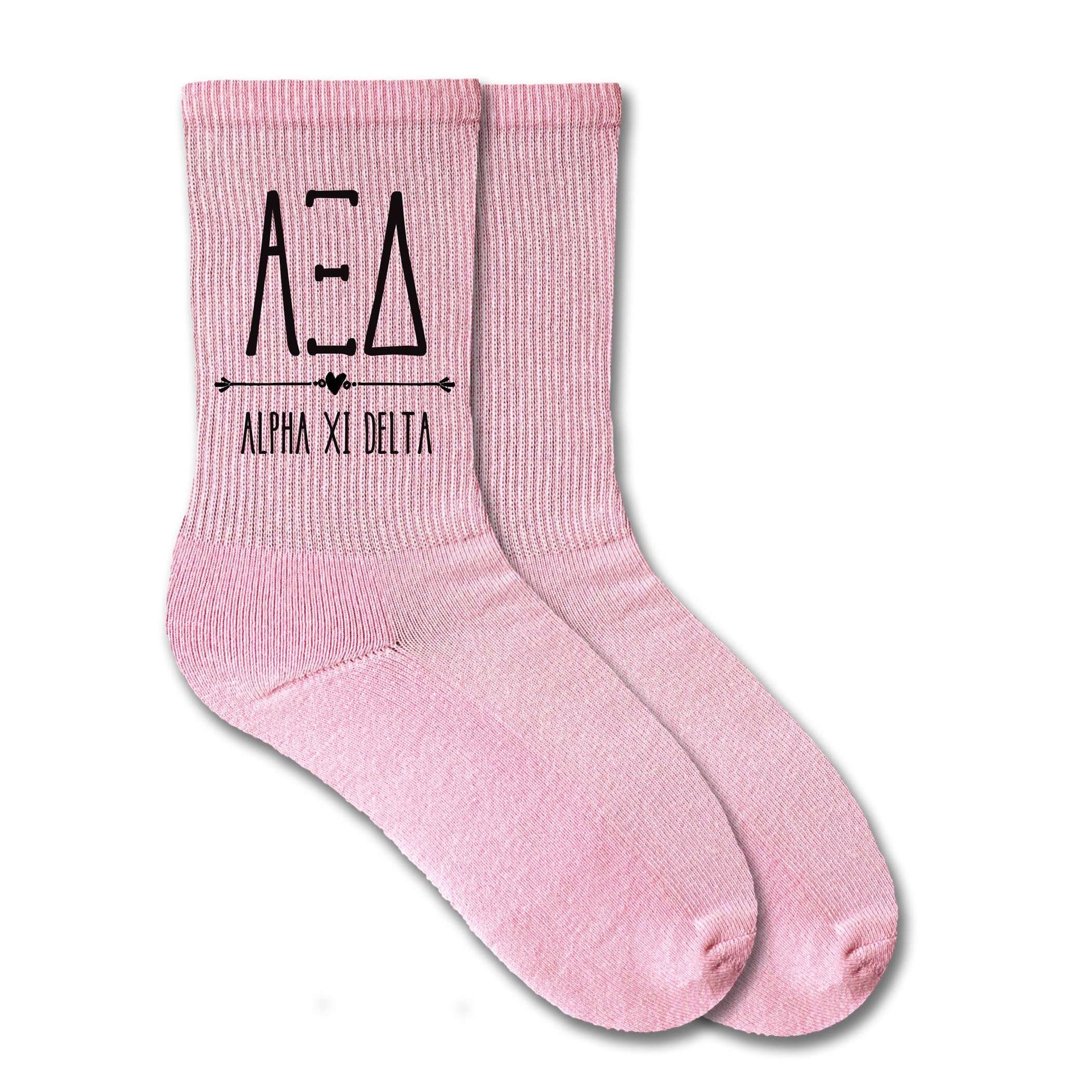 Alpha Xi Delta sorority name and letters custom printed on pink crew socks