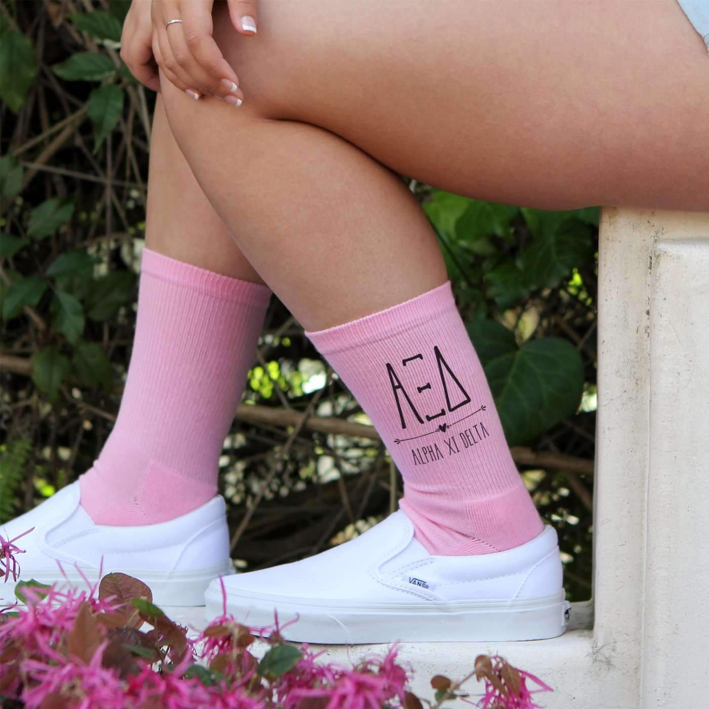 Alpha Xi Delta sorority name and letters custom printed on pink crew socks