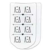 Alpha Xi Delta sorority letters repeat boho design custom printed on white cotton no show socks