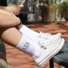 Alpha Xi Delta sorority name and letters custom printed on white cotton crew socks