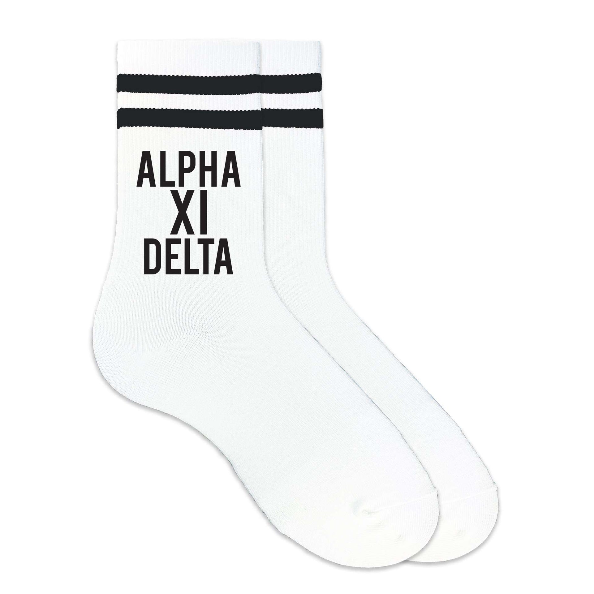 Alpha Xi Delta sorority name custom printed on striped crew socks