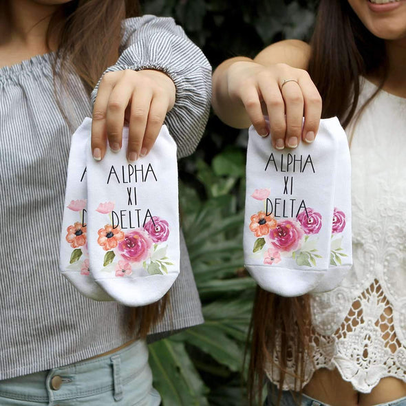 Alpha Xi Delta sorority watercolor floral design custom printed on no show socks