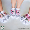Big, Little, or GBIG with watercolor floral design custom printed on white cotton no show socks.