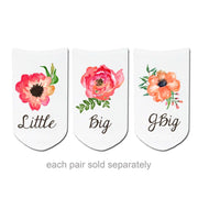 Custom printed watercolor floral design with Big, Little, or GBIG on white cotton no show socks.