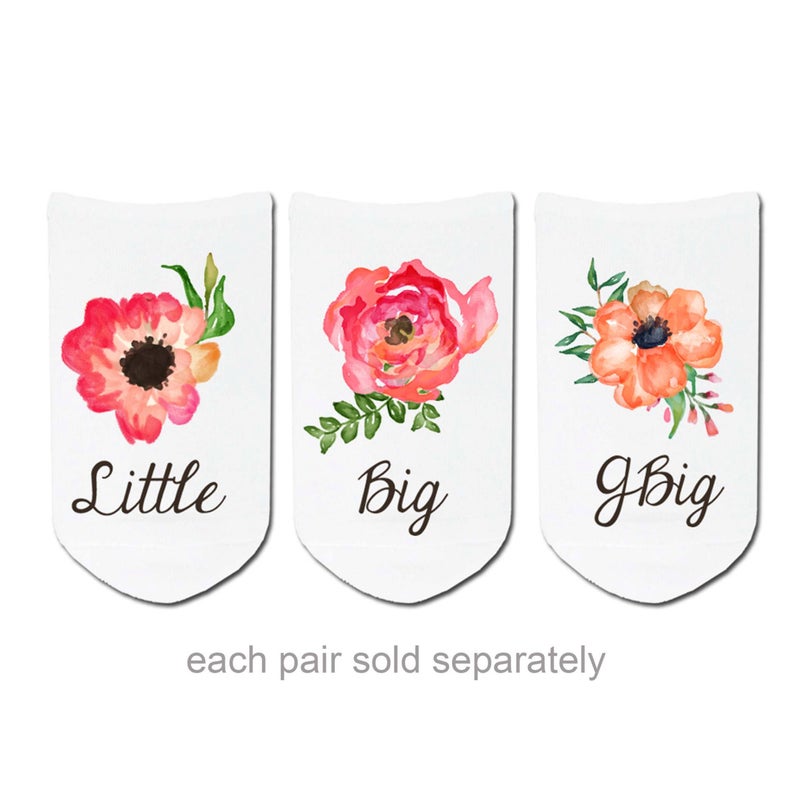 Sorority custom printed socks with little, big, or GBIG and floral design printed on no show socks.