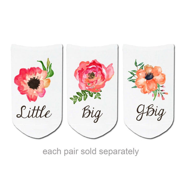 Sorority custom printed socks with little, big, or GBIG and floral design printed on no show socks.