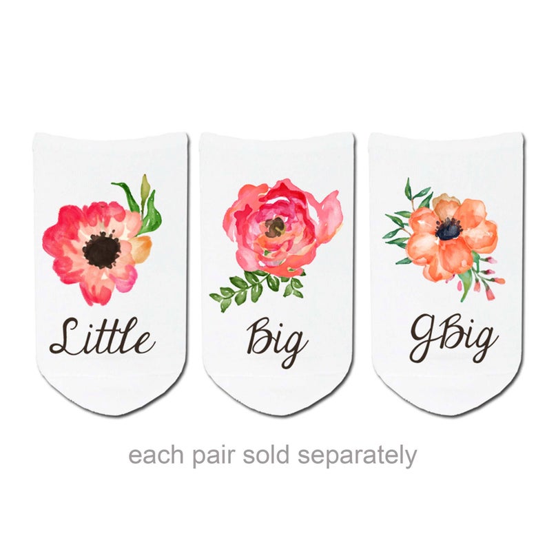 Little, big, and GBIG custom printed watercolor floral design on no show socks.