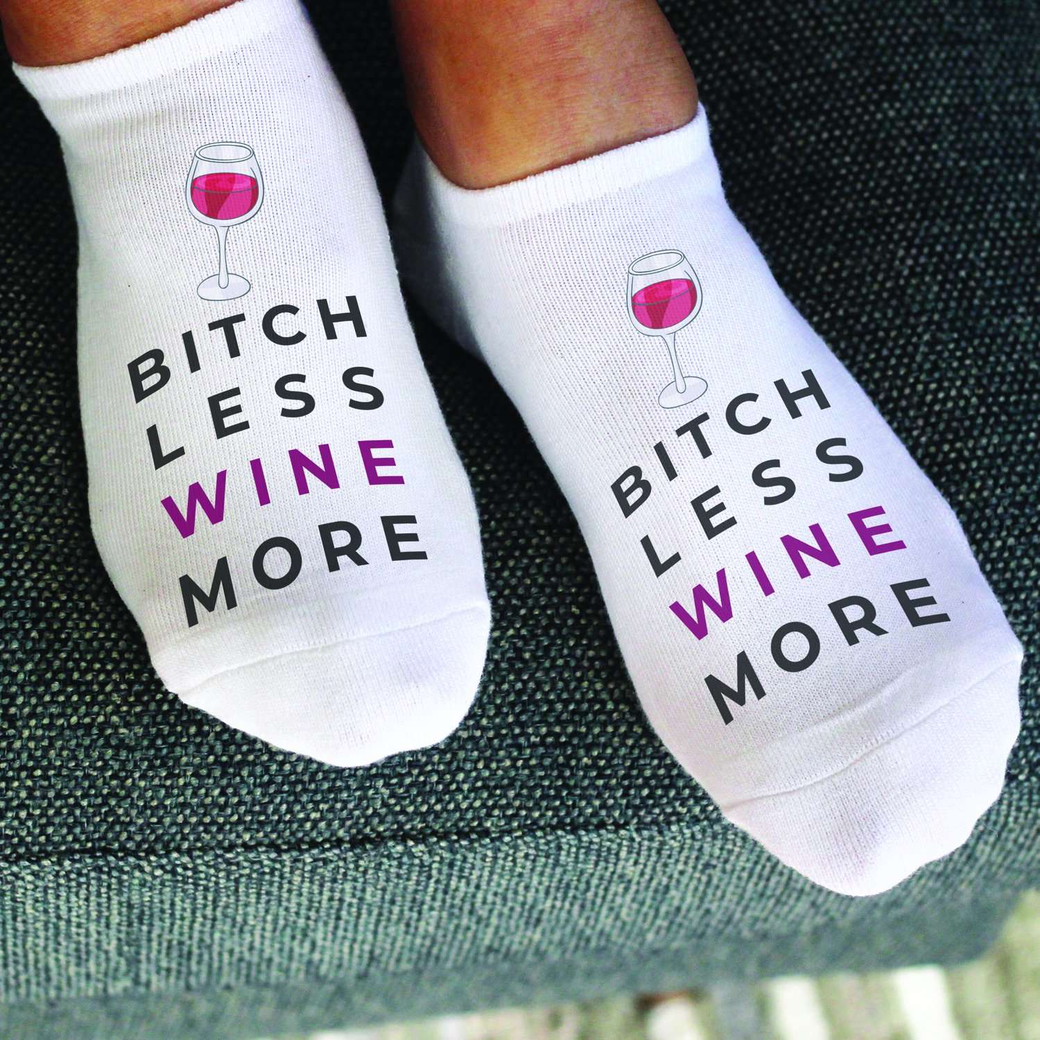 Special socks for your favorite friends are these Bitch less wine more design custom printed on white cotton no show socks.