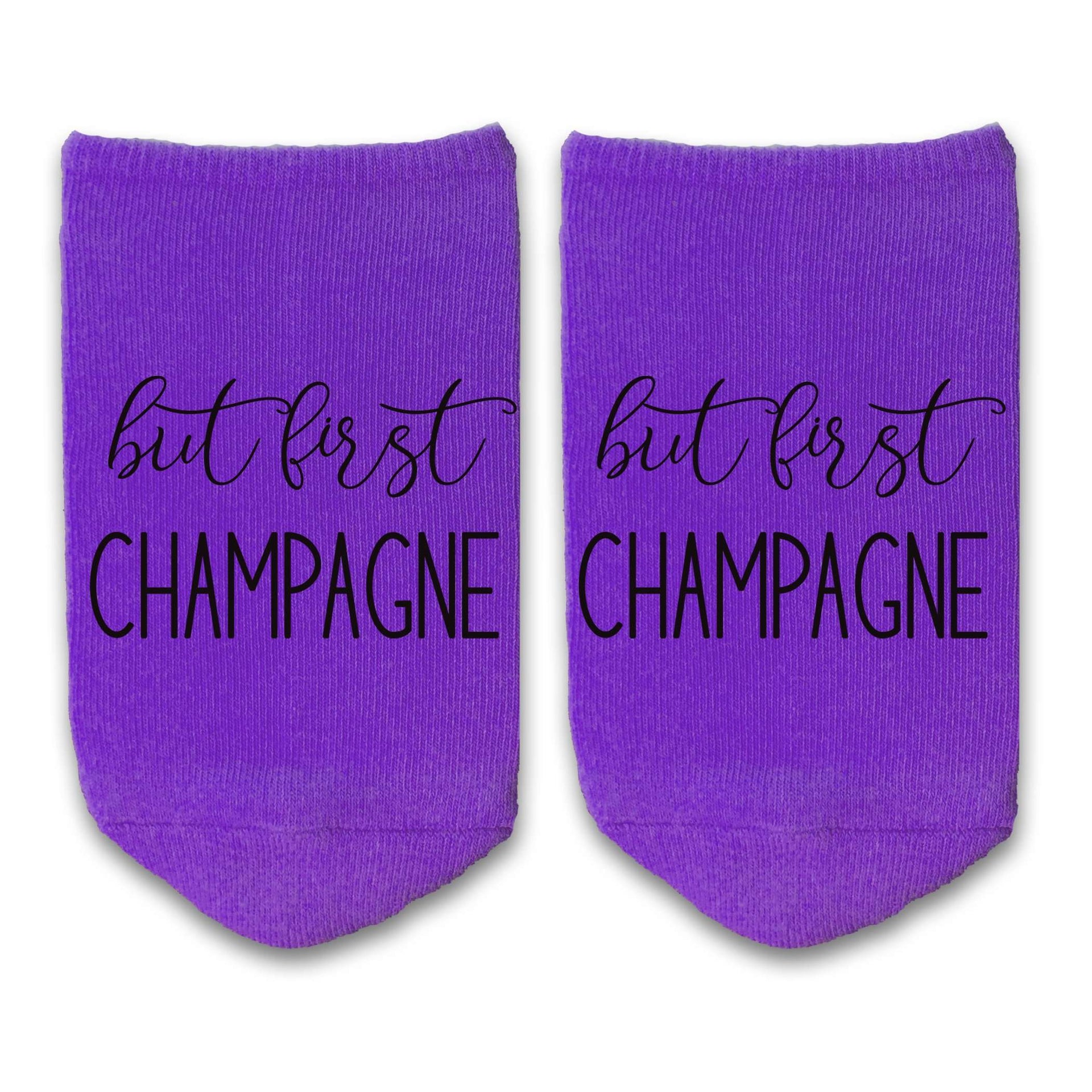But first champagne custom printed on no show socks.