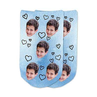 Super cute cotton no show footie socks digitally printed with blue wash background and all over hearts design custom printed and personalized using your own photo face cropped and printed on the top of the socks.