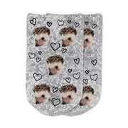 Light gray speckle background custom printed with hearts design personalized with your own photo face cropped into the design digitally printed on cotton no show footie socks.