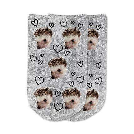 Cute light gray speckle background design custom printed on no show footie socks and personalized using your own photo face cropped into the design with all over hearts design printed on the top of the socks make a fun unique gift.