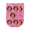 Super cute pink speckle design custom printed and personalized using your own photo face cropped in and printed on the top of the socks make a great way to support breast cancer awareness.