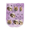 Cute custom printed no show footie socks digitally printed purple wash background with hearts design and personalized using your own photo face cropped in make a great gift.