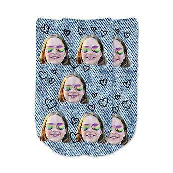 Cute cotton no show footie socks digitally printed with denim background and all over hearts design personalized with your own photo face cropped into the design printed on the top of the socks make a unique gift.