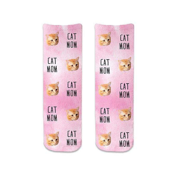 Pink wash background custom printed with cat mom design and personalized using your own photo face cropped into the design digitally printed on cotton crew socks makes a great gift.