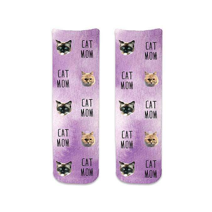 Cute cat mom design custom printed with purple wash background and personalized using your own photo face cropped into the design digitally printed on short cotton crew socks.