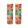 Rainbow wash background design custom printed with cat mom design and personalized using your own photo face cropped into the design digitally printed on short cotton crew socks.