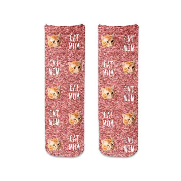 Adorable cat mom design custom printed with red granular background personalized with your own photo and text digitally printed on cotton crew socks.