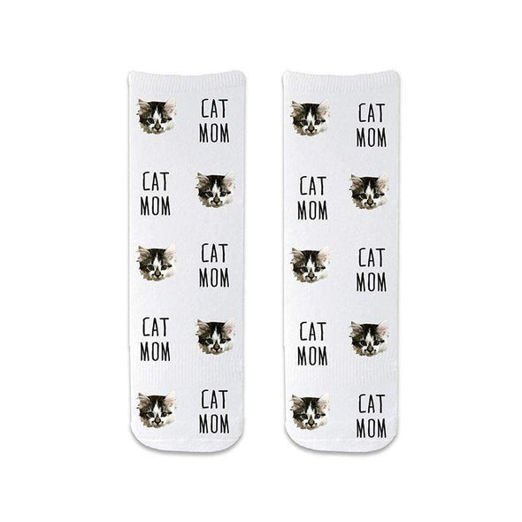 Cat mom custom photo socks personalized using your own photos of cat faces we crop the image and digitally print all over with cat mom text on short cotton crew socks.