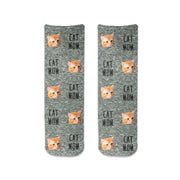 Cat faces custom printed all over the short cotton crew socks personalized using your own photo face with cat mom text we digitally print on short cotton crew socks.
