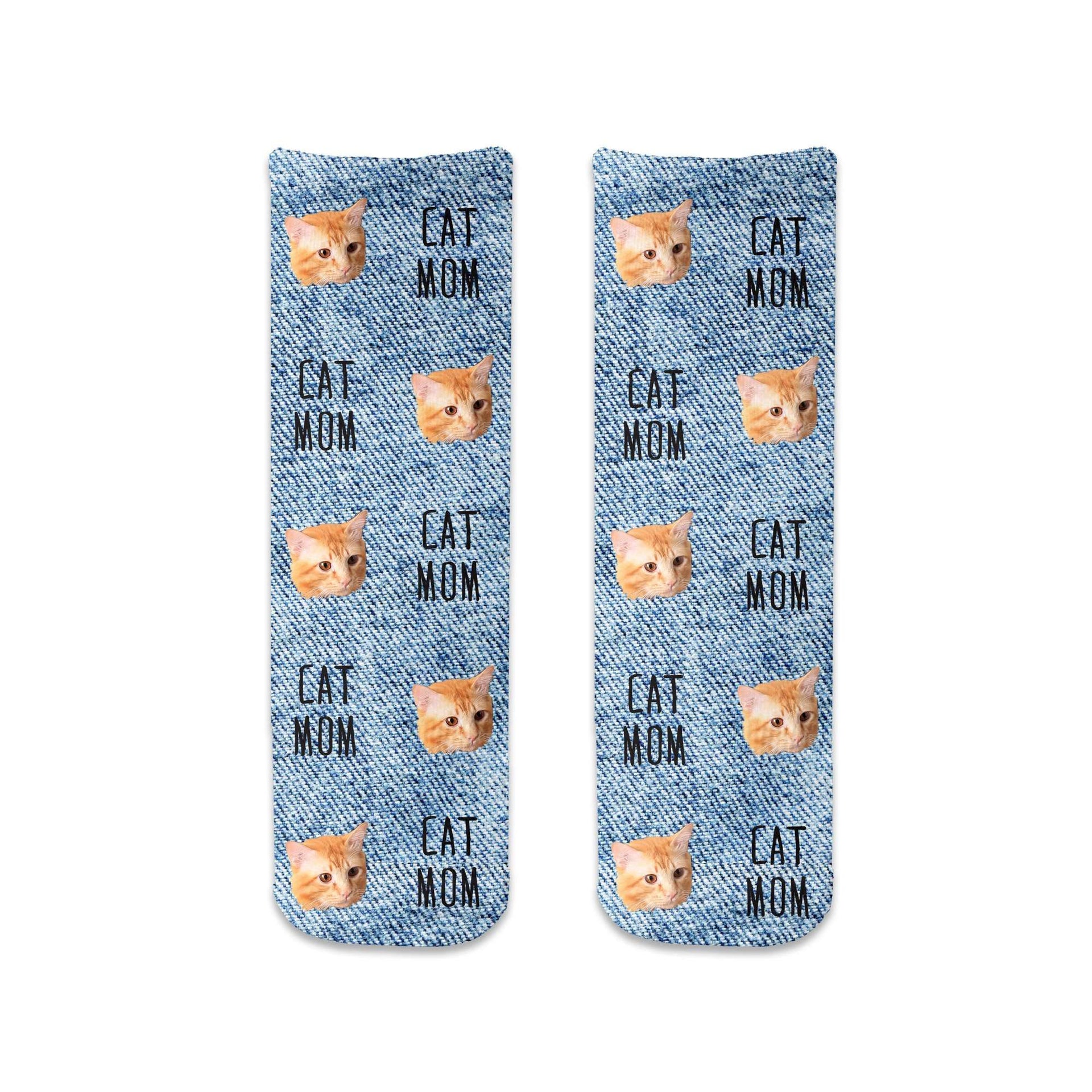 Cute denim background design custom printed on short cotton crew socks with cat mom text and personalized using your own photo face cropped into the design and printed all over makes a great gift.