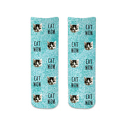 Cute cat mom design custom printed on short cotton crew socks with turquoise speckle background, cat mom text, and your own photo face cropped into the design makes a great gift for any occasion.