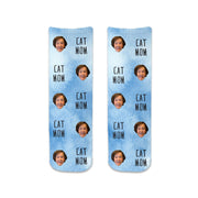 Blue wash background design custom printed with cat mom text and personalized using your own photo face digitally printed on cotton crew socks makes a unique gift.