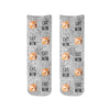 Cute cat mom text design personalized using your own photo face digitally printed with light gray speckle background design on short cotton crew socks.