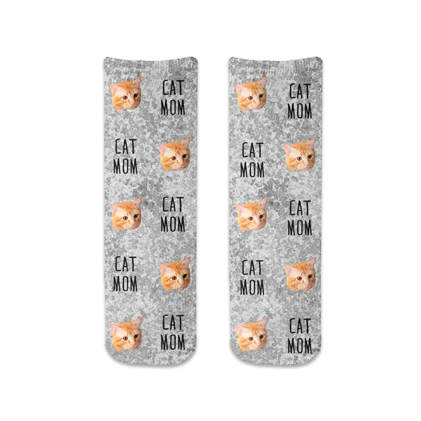 Cute cat mom text design personalized using your own photo face digitally printed with light gray speckle background design on short cotton crew socks.