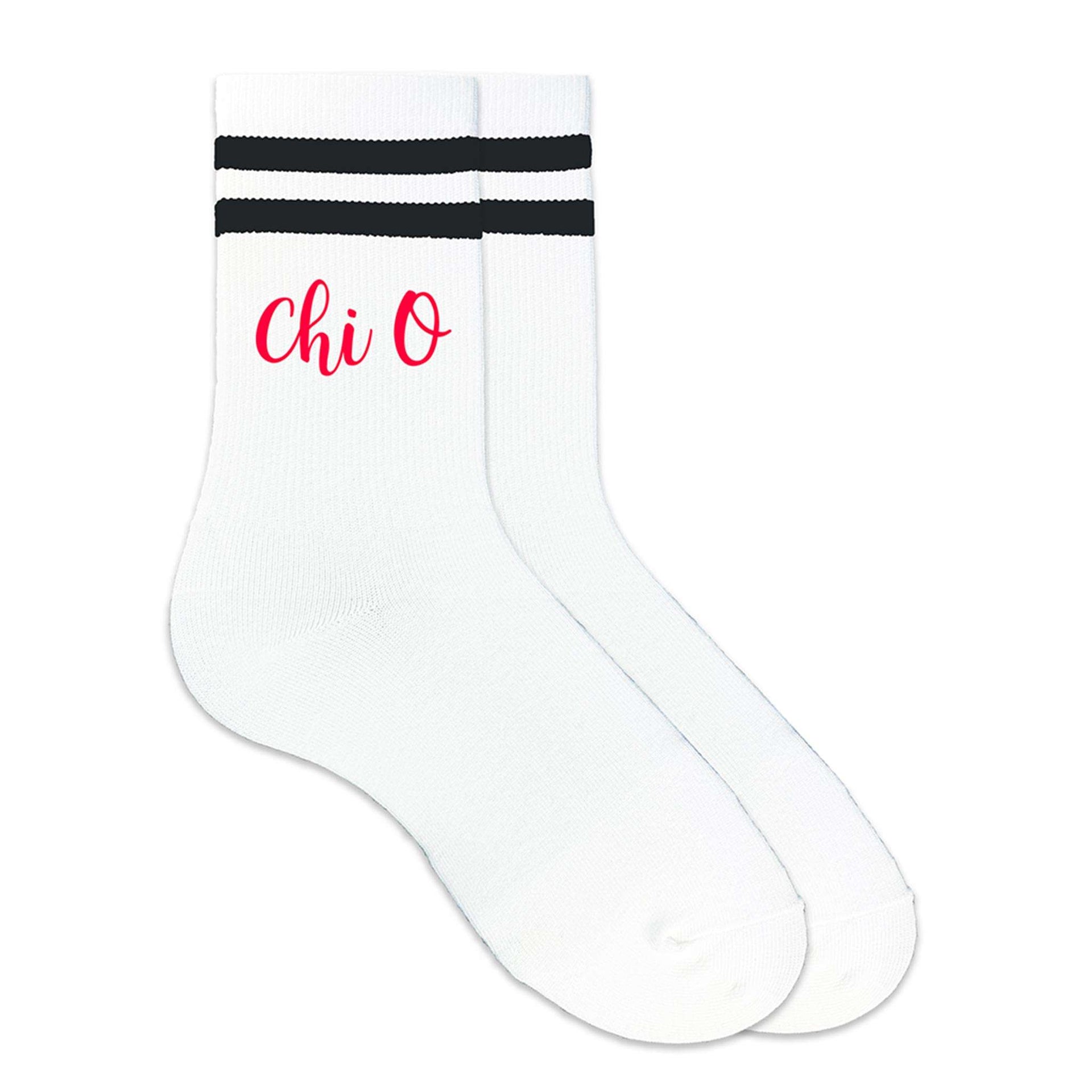 Chi O sorority nickname custom printed on black striped crew socks