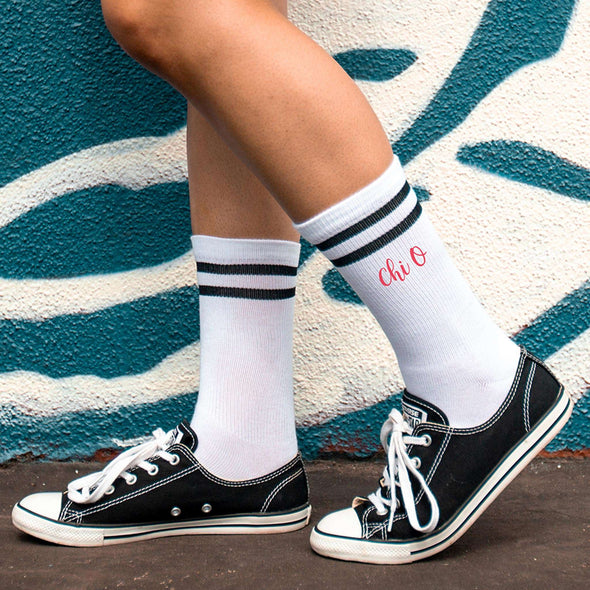 Chi O sorority nickname custom printed on black striped crew socks