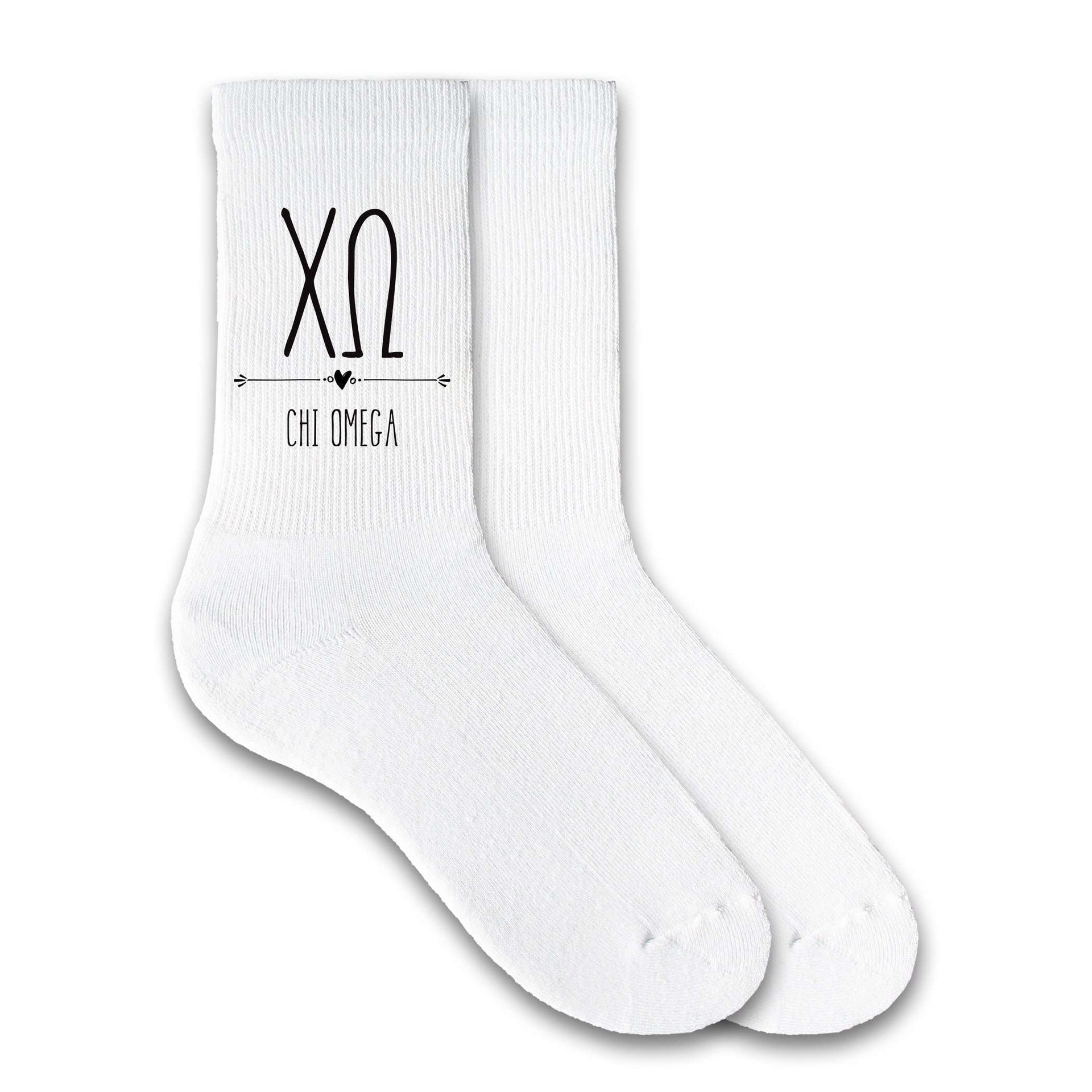 Chi Omega sorority letters and name custom printed on crew socks