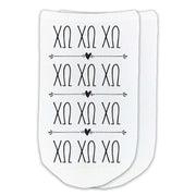 Chi Omega sorority letters custom printed in repeat boho design on no show socks