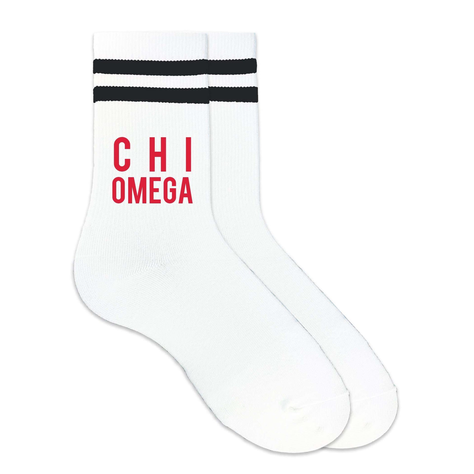 Chi Omega sorority name in sorority colors custom printed on black striped crew socks