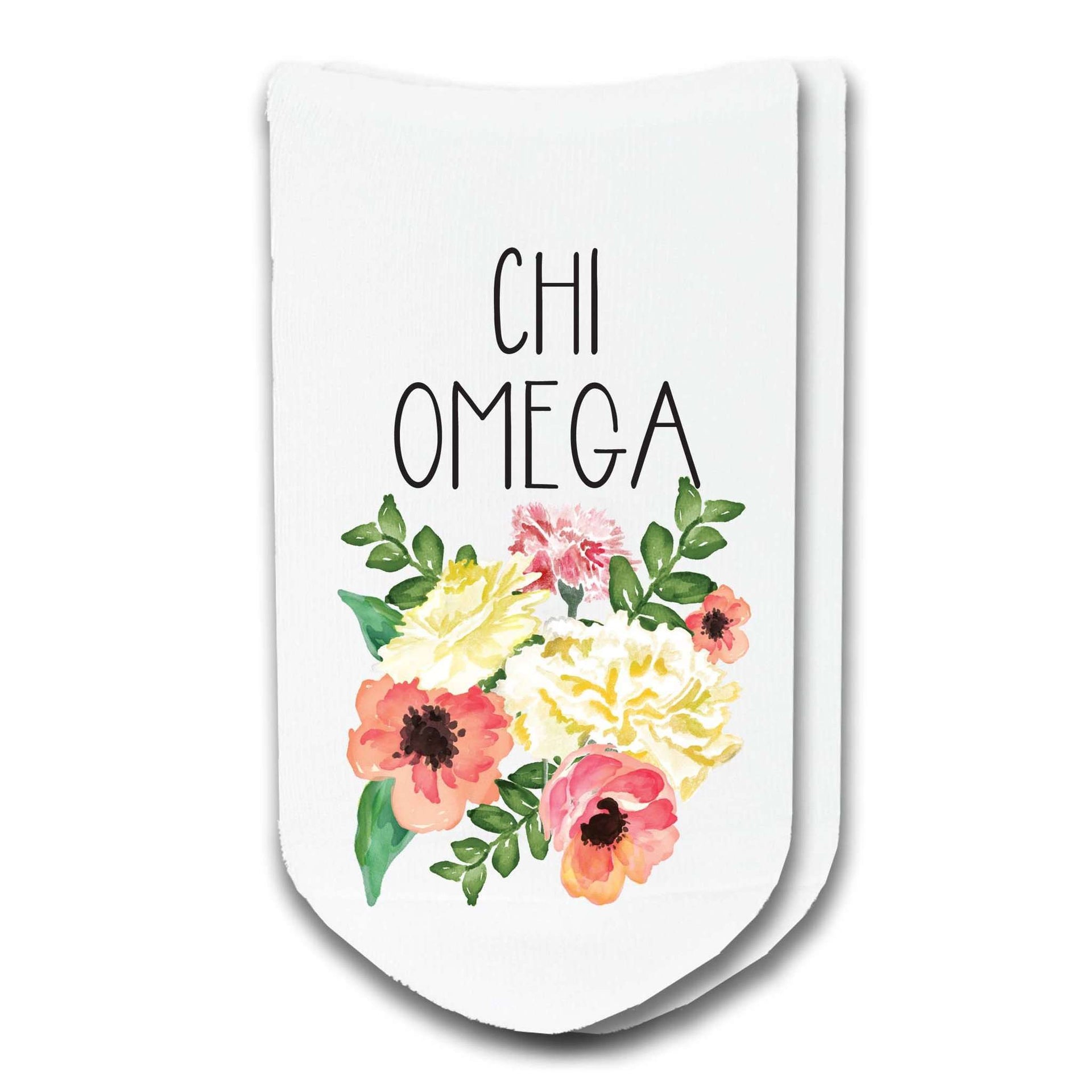 Chi Omega sorority watercolor floral design custom printed on white cotton no show socks