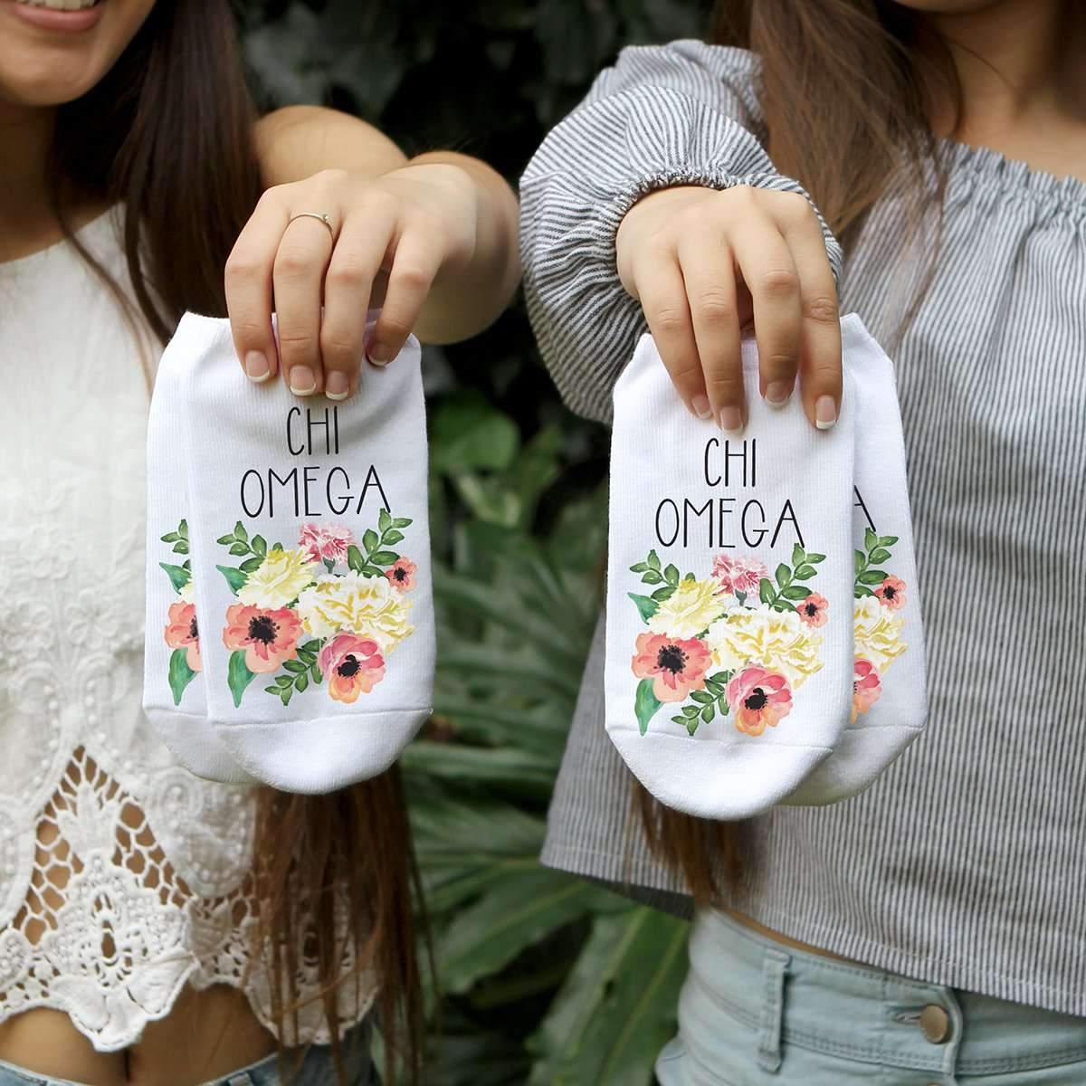 Chi Omega sorority name watercolor floral design custom printed on white cotton no show socks