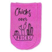 Chicks over pricks design digitally printed in black ink on comfy fuchsia cotton no show socks.