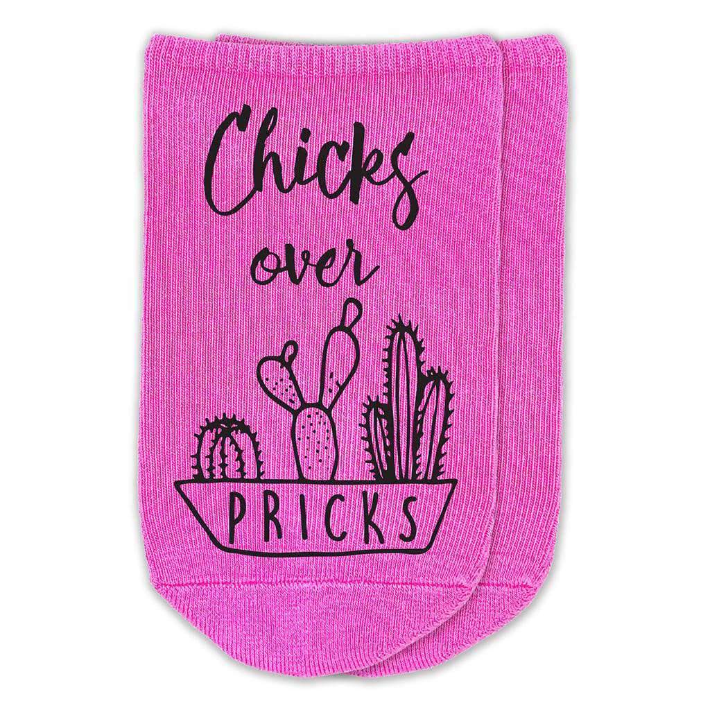 Chicks over pricks design digitally printed in black ink on comfy fuchsia cotton no show socks.