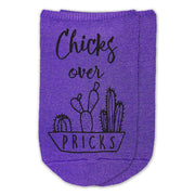Chicks over pricks custom printed on cotton no show socks.