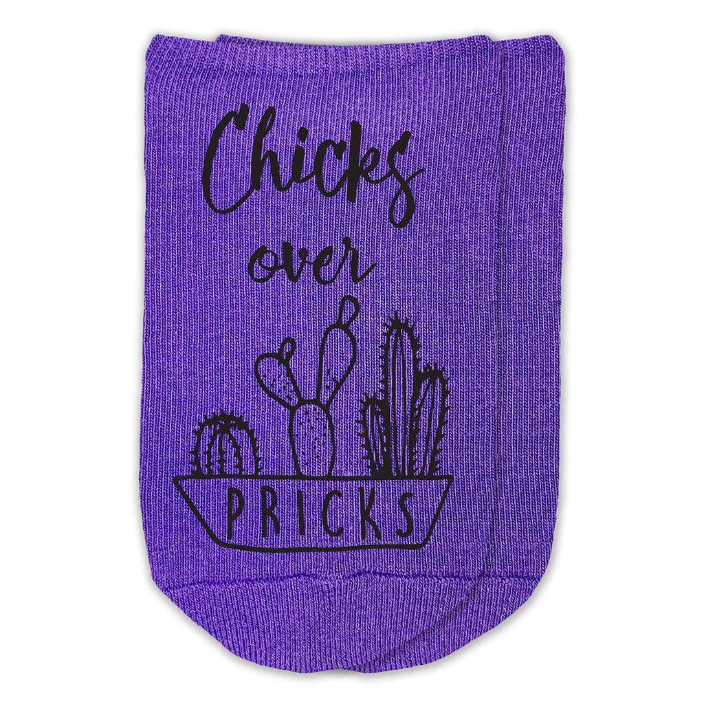 Chicks over pricks custom printed on cotton no show socks.