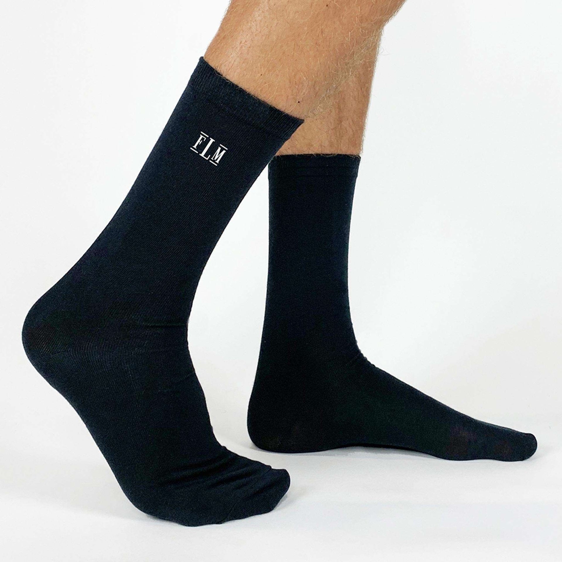 Monogrammed  custom printed socks sold as a gift set of 3 pairs of black crew socks